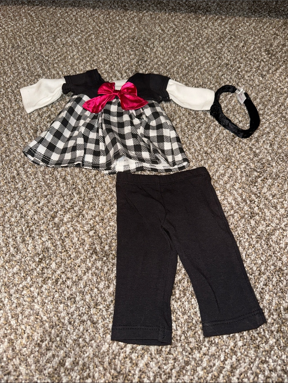 American Girl Black & White Plaid Top with Pink Bow and Black Leggings